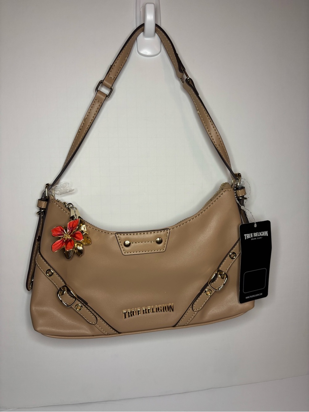 True Religion Tan Shoulder Bag with Floral Charm